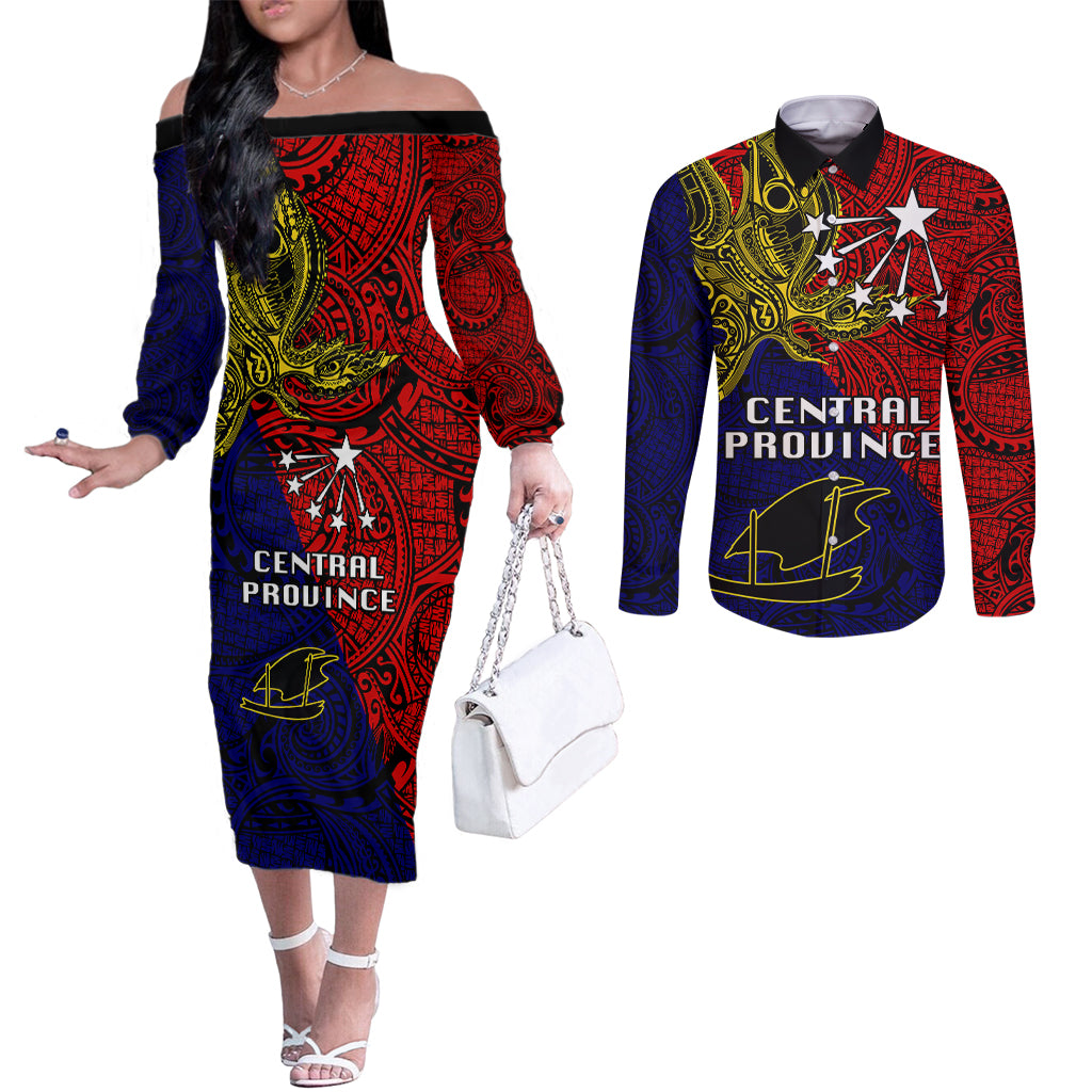 Papua New Guinea Central Province Couples Matching Off The Shoulder Long Sleeve Dress and Long Sleeve Button Shirts PNG Birds Of Paradise Polynesian Arty Style LT03 Red - Polynesian Pride