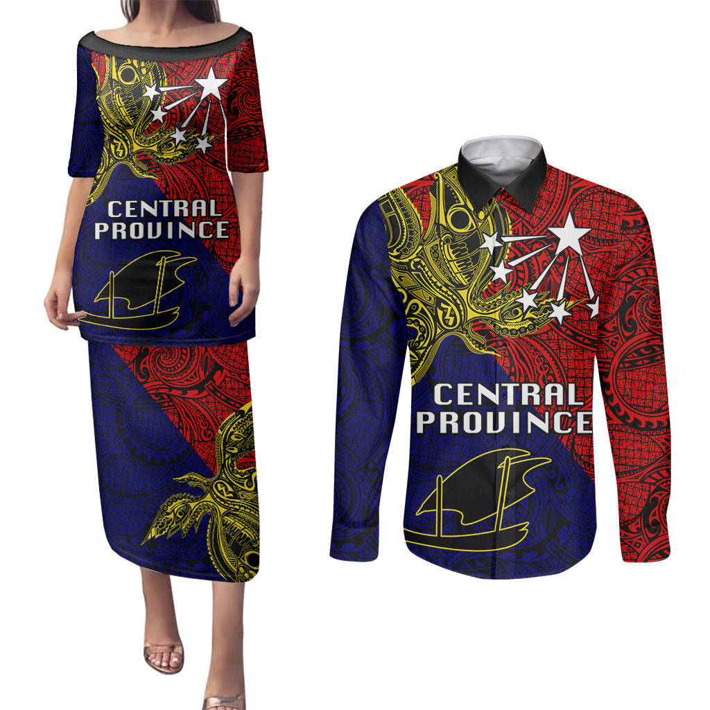 Papua New Guinea Central Province Couples Matching Puletasi Dress and Long Sleeve Button Shirts PNG Birds Of Paradise Polynesian Arty Style LT03 Red - Polynesian Pride
