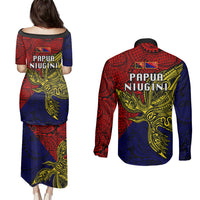 Papua New Guinea Central Province Couples Matching Puletasi Dress and Long Sleeve Button Shirts PNG Birds Of Paradise Polynesian Arty Style LT03 - Polynesian Pride