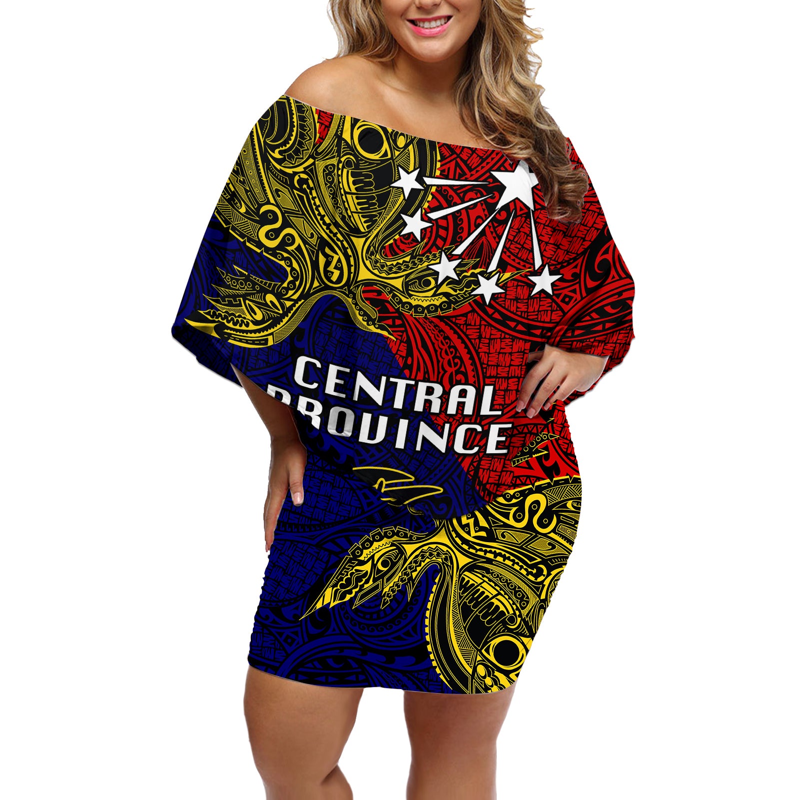 Papua New Guinea Central Province Off Shoulder Short Dress PNG Birds Of Paradise Polynesian Arty Style LT03 Women Red - Polynesian Pride