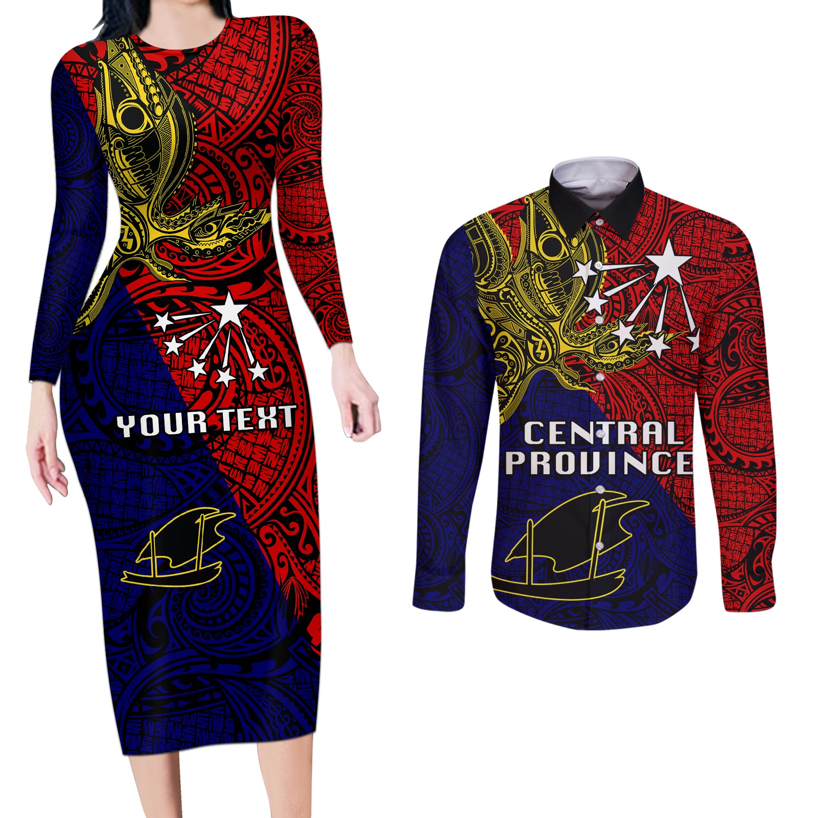 Custom Papua New Guinea Central Province Couples Matching Long Sleeve Bodycon Dress and Long Sleeve Button Shirts PNG Birds Of Paradise Polynesian Arty Style LT03 Red - Polynesian Pride