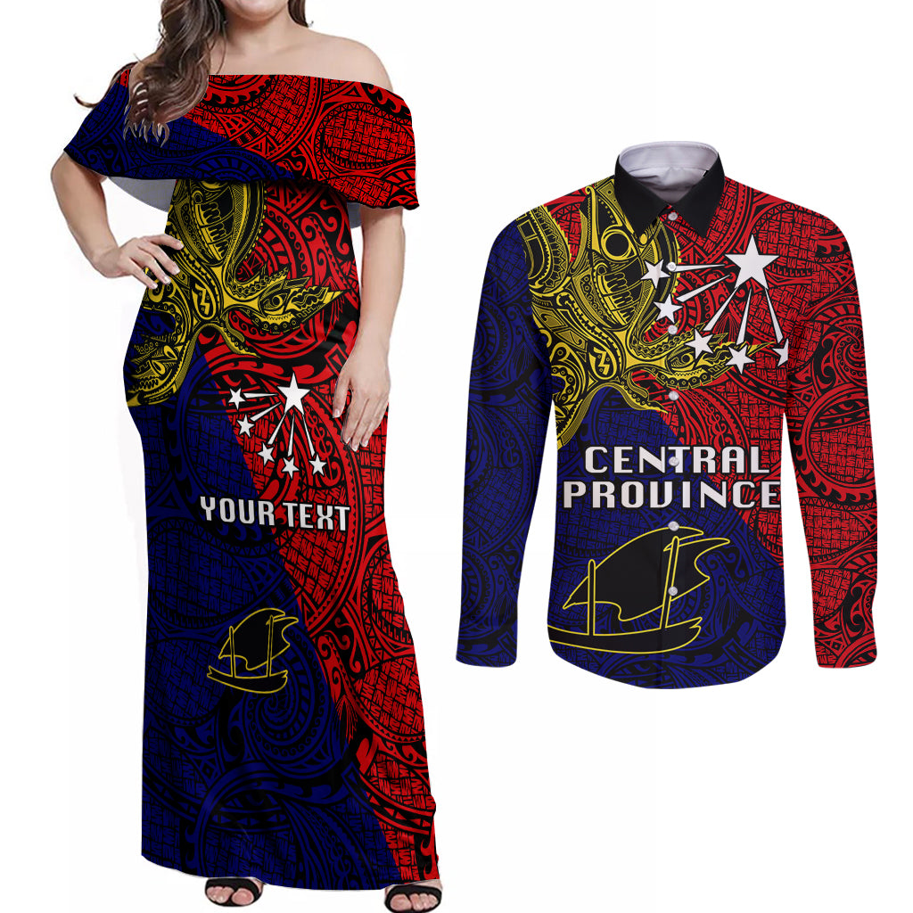 Custom Papua New Guinea Central Province Couples Matching Off Shoulder Maxi Dress and Long Sleeve Button Shirts PNG Birds Of Paradise Polynesian Arty Style LT03 Red - Polynesian Pride