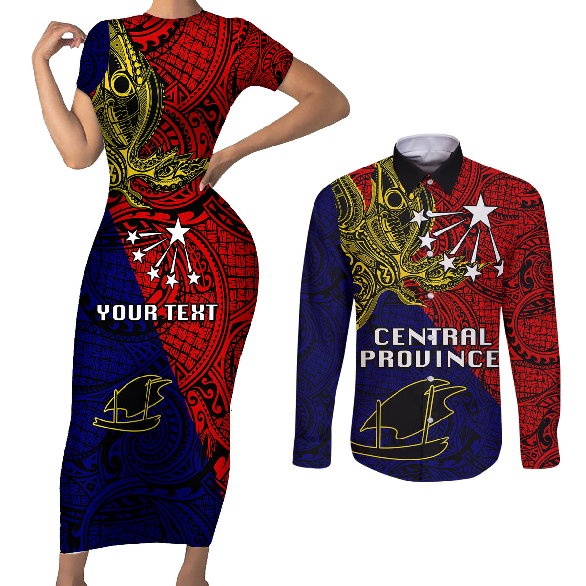 Custom Papua New Guinea Central Province Couples Matching Short Sleeve Bodycon Dress and Long Sleeve Button Shirts PNG Birds Of Paradise Polynesian Arty Style LT03 Red - Polynesian Pride