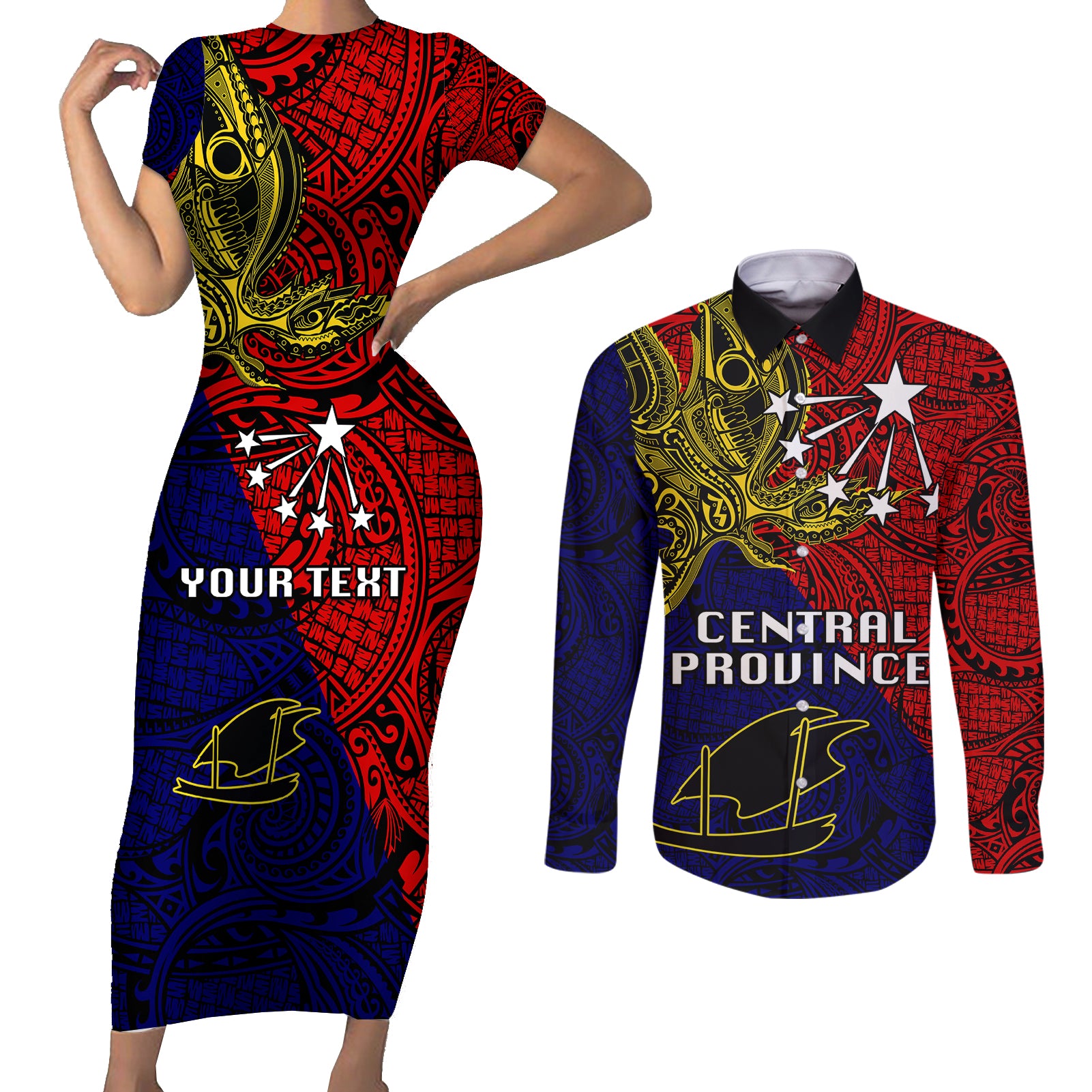 Custom Papua New Guinea Central Province Couples Matching Short Sleeve Bodycon Dress and Long Sleeve Button Shirts PNG Birds Of Paradise Polynesian Arty Style LT03 Red - Polynesian Pride