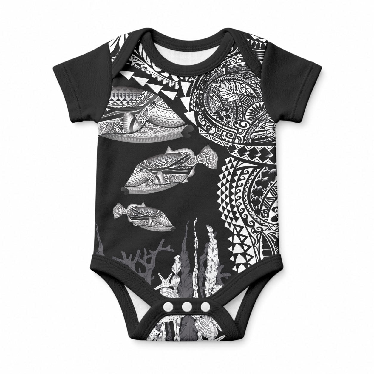 Hawaiian Reef Triggerfish Baby Onesie Polynesian Art with Tribal Humuhumunukunukuapua'a