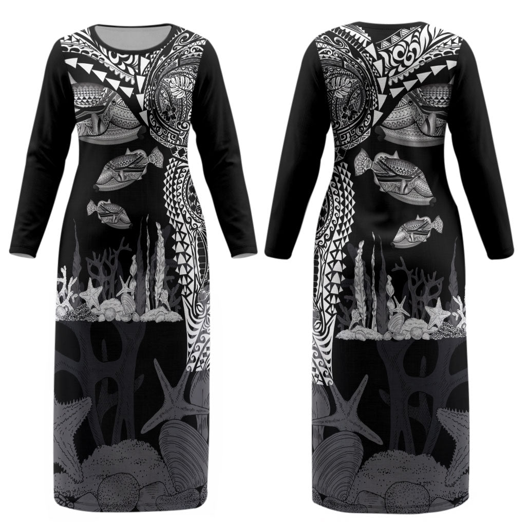 Hawaiian Reef Triggerfish Couples Matching Long Sleeve Bodycon Dress and Hawaiian Shirt Polynesian Art with Tribal Humuhumunukunukuapua'a LT03 - Polynesian Pride