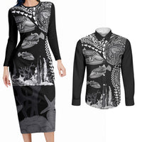 Hawaiian Reef Triggerfish Couples Matching Long Sleeve Bodycon Dress and Long Sleeve Button Shirt Polynesian Art with Tribal Humuhumunukunukuapua'a LT03 Black - Polynesian Pride