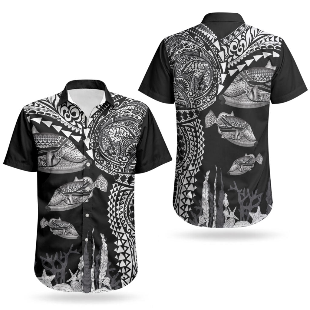 Hawaiian Reef Triggerfish Couples Matching Off Shoulder Maxi Dress and Hawaiian Shirt Polynesian Art with Tribal Humuhumunukunukuapua'a LT03 - Polynesian Pride