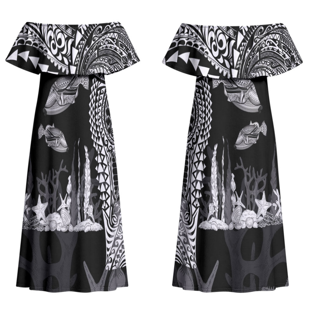 Hawaiian Reef Triggerfish Couples Matching Off Shoulder Maxi Dress and Long Sleeve Button Shirt Polynesian Art with Tribal Humuhumunukunukuapua'a LT03 - Polynesian Pride