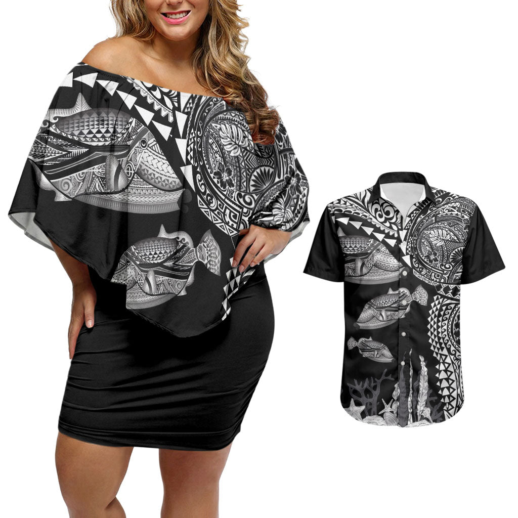 Hawaiian Reef Triggerfish Couples Matching Off Shoulder Short Dress and Hawaiian Shirt Polynesian Art with Tribal Humuhumunukunukuapua'a LT03 Black - Polynesian Pride