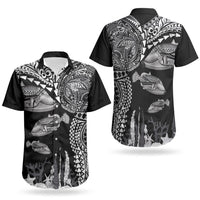 Hawaiian Reef Triggerfish Couples Matching Off The Shoulder Long Sleeve Dress and Hawaiian Shirt Polynesian Art with Tribal Humuhumunukunukuapua'a LT03 - Polynesian Pride
