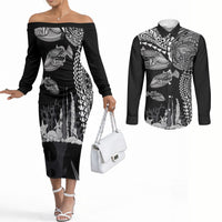 Hawaiian Reef Triggerfish Couples Matching Off The Shoulder Long Sleeve Dress and Long Sleeve Button Shirt Polynesian Art with Tribal Humuhumunukunukuapua'a LT03 Black - Polynesian Pride