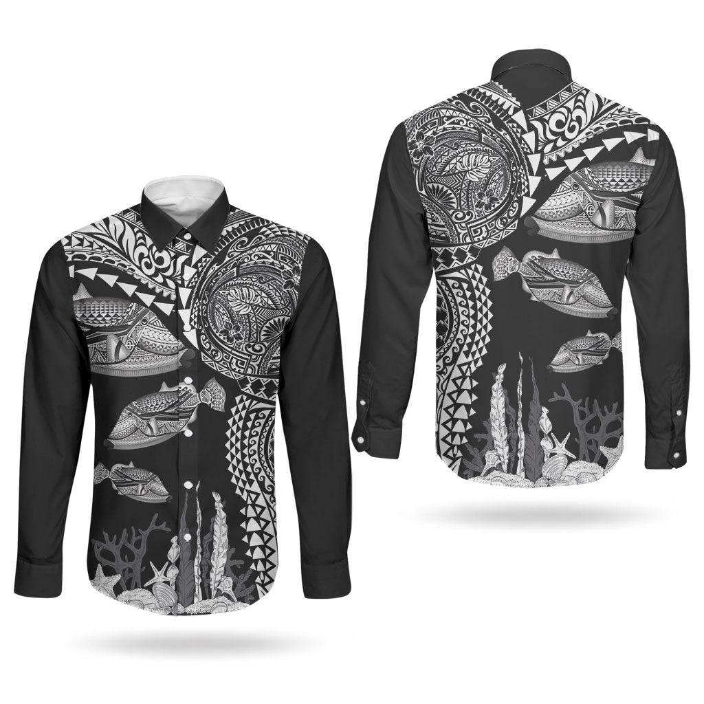 Hawaiian Reef Triggerfish Couples Matching Off The Shoulder Long Sleeve Dress and Long Sleeve Button Shirt Polynesian Art with Tribal Humuhumunukunukuapua'a LT03 - Polynesian Pride