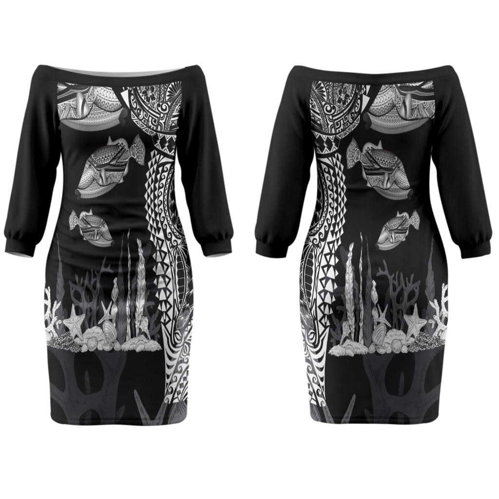 Hawaiian Reef Triggerfish Couples Matching Off The Shoulder Long Sleeve Dress and Long Sleeve Button Shirt Polynesian Art with Tribal Humuhumunukunukuapua'a LT03 - Polynesian Pride