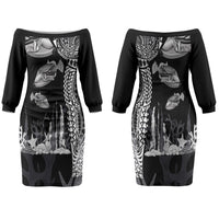 Hawaiian Reef Triggerfish Couples Matching Off The Shoulder Long Sleeve Dress and Long Sleeve Button Shirt Polynesian Art with Tribal Humuhumunukunukuapua'a LT03 - Polynesian Pride