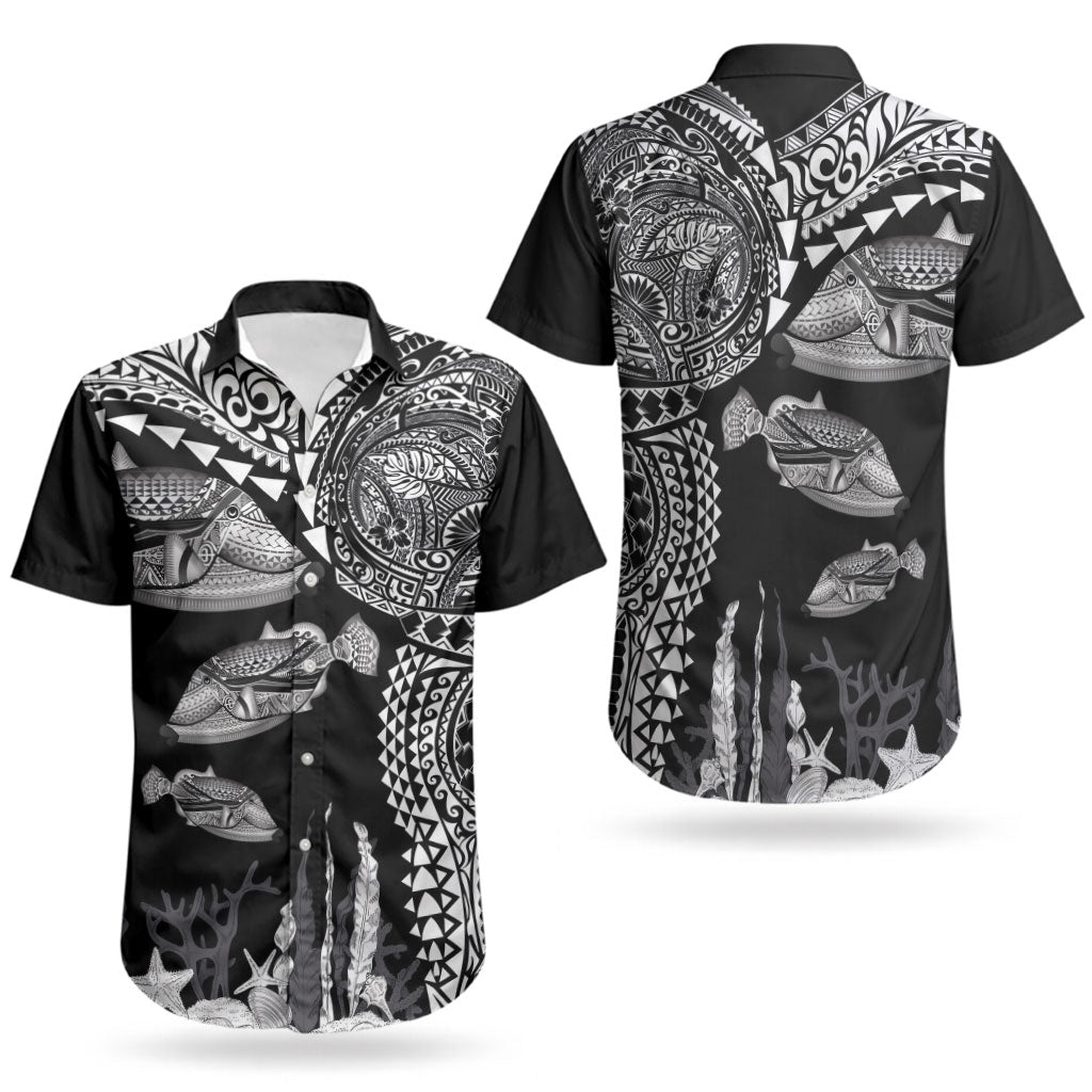 Hawaiian Reef Triggerfish Couples Matching Short Sleeve Bodycon Dress and Hawaiian Shirt Polynesian Art with Tribal Humuhumunukunukuapua'a LT03 - Polynesian Pride