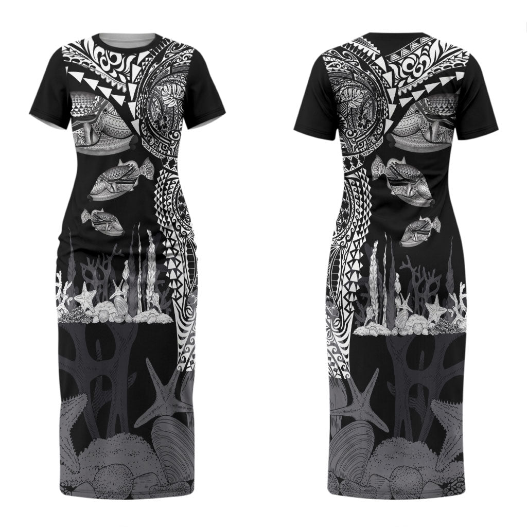 Hawaiian Reef Triggerfish Couples Matching Short Sleeve Bodycon Dress and Hawaiian Shirt Polynesian Art with Tribal Humuhumunukunukuapua'a LT03 - Polynesian Pride
