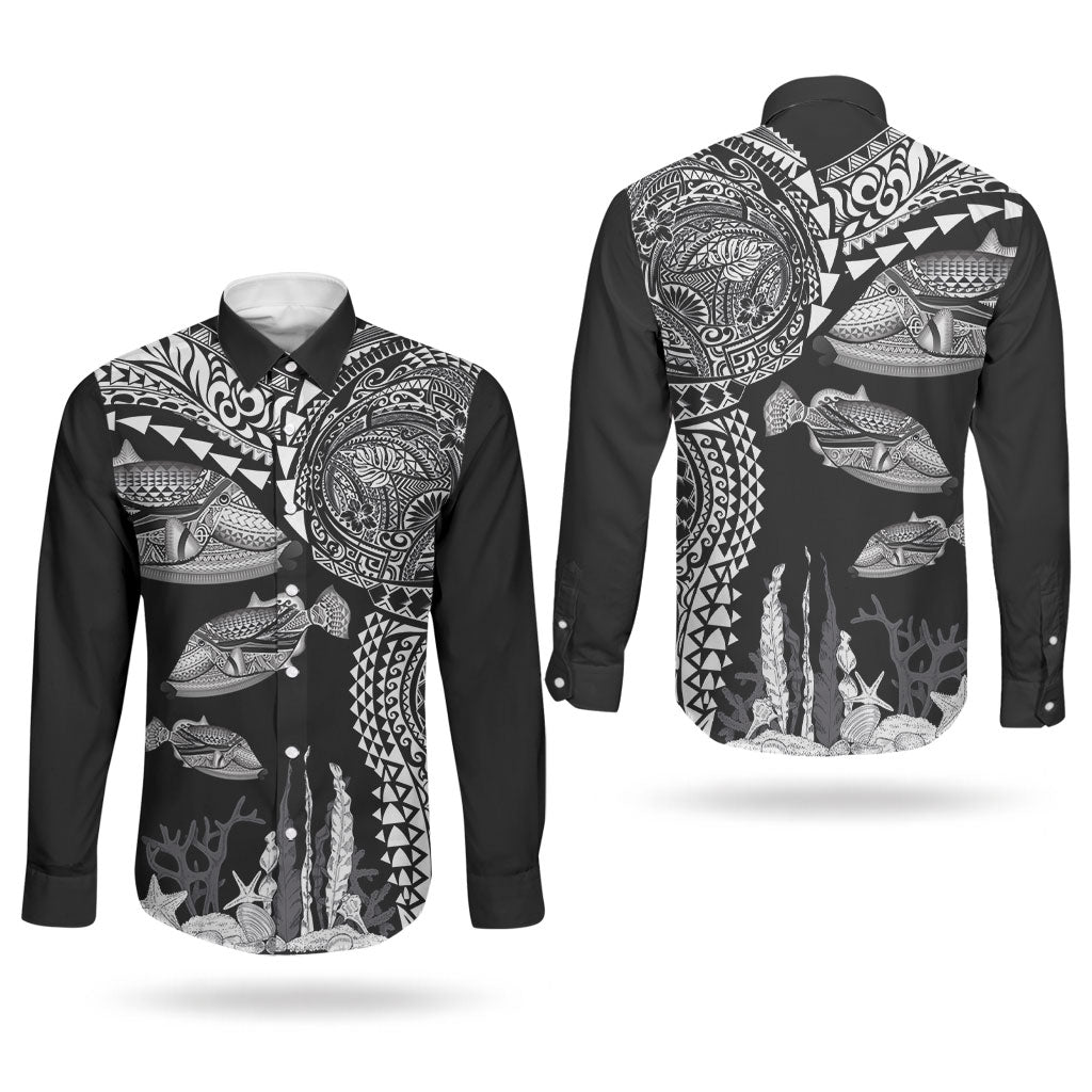 Hawaiian Reef Triggerfish Couples Matching Summer Maxi Dress and Long Sleeve Button Shirt Polynesian Art with Tribal Humuhumunukunukuapua'a LT03 - Polynesian Pride