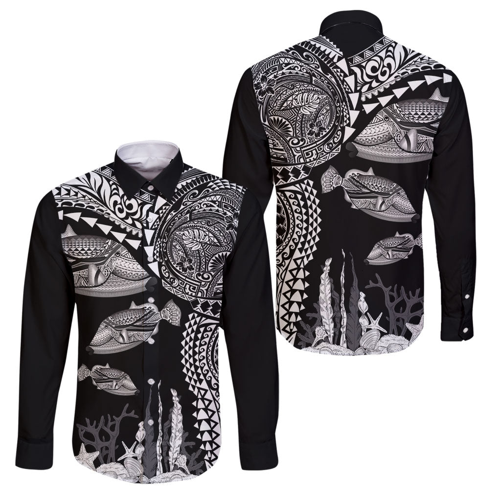 Hawaiian Reef Triggerfish Family Matching Long Sleeve Bodycon Dress and Hawaiian Shirt Polynesian Art with Tribal Humuhumunukunukuapua'a LT03 Dad's Shirt - Long Sleeve Black - Polynesian Pride