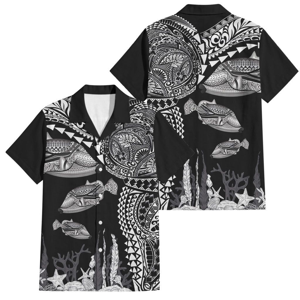 Hawaiian Reef Triggerfish Family Matching Off The Shoulder Long Sleeve Dress and Hawaiian Shirt Polynesian Art with Tribal Humuhumunukunukuapua'a LT03 Dad's Shirt - Short Sleeve Black - Polynesian Pride
