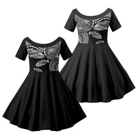 Hawaiian Reef Triggerfish Family Matching Off The Shoulder Long Sleeve Dress and Hawaiian Shirt Polynesian Art with Tribal Humuhumunukunukuapua'a LT03 Daughter's Dress Black - Polynesian Pride