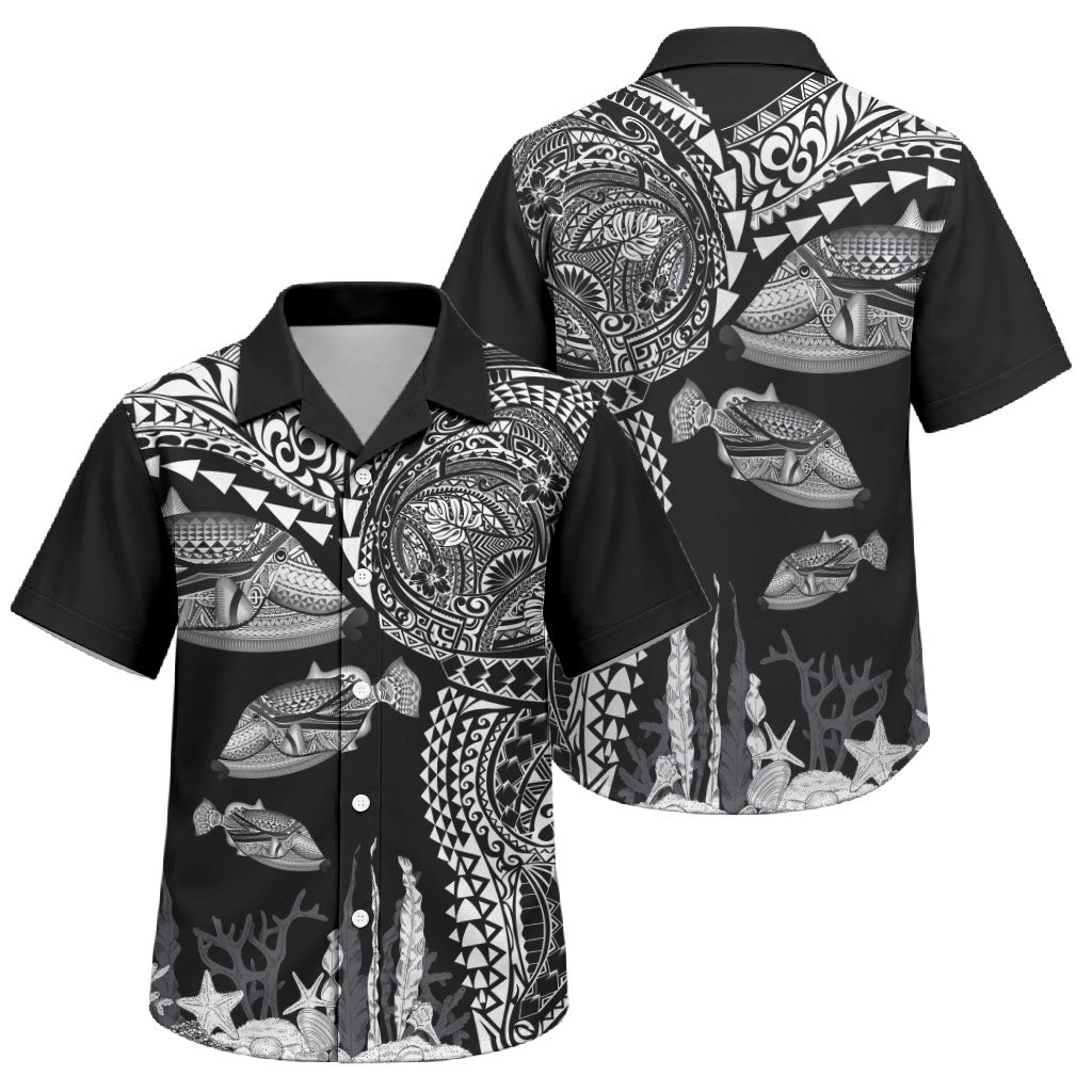Hawaiian Reef Triggerfish Family Matching Off The Shoulder Long Sleeve Dress and Hawaiian Shirt Polynesian Art with Tribal Humuhumunukunukuapua'a LT03 Son's Shirt Black - Polynesian Pride