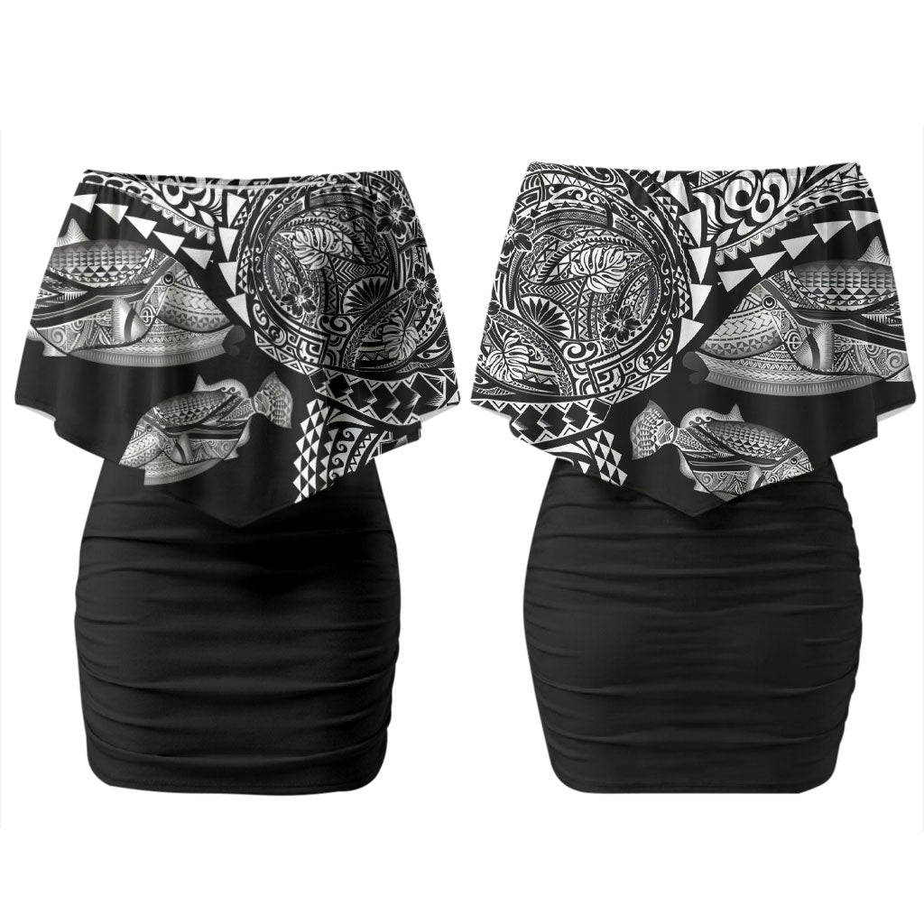 Hawaiian Reef Triggerfish Family Matching Off Shoulder Short Dress and Hawaiian Shirt Polynesian Art with Tribal Humuhumunukunukuapua'a LT03 Mom's Dress Black - Polynesian Pride