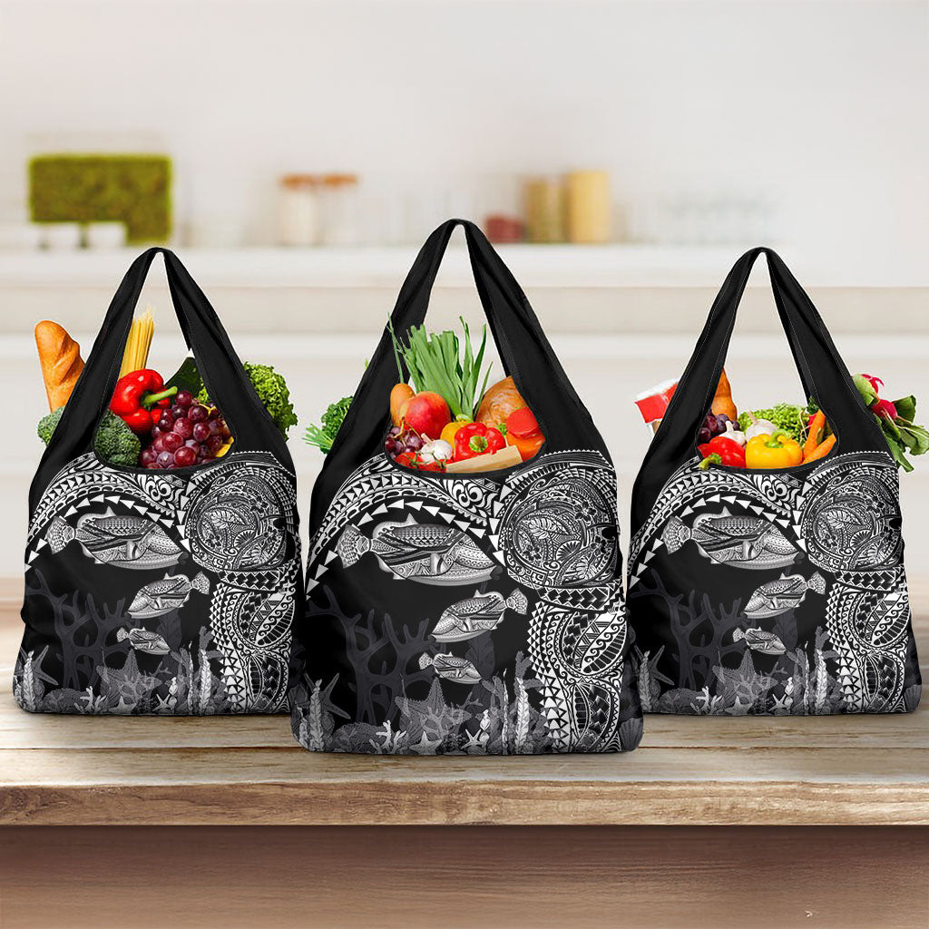 Hawaiian Reef Triggerfish Grocery Bag Polynesian Art with Tribal Humuhumunukunukuapua'a LT03 3-pack One Size Black - Polynesian Pride