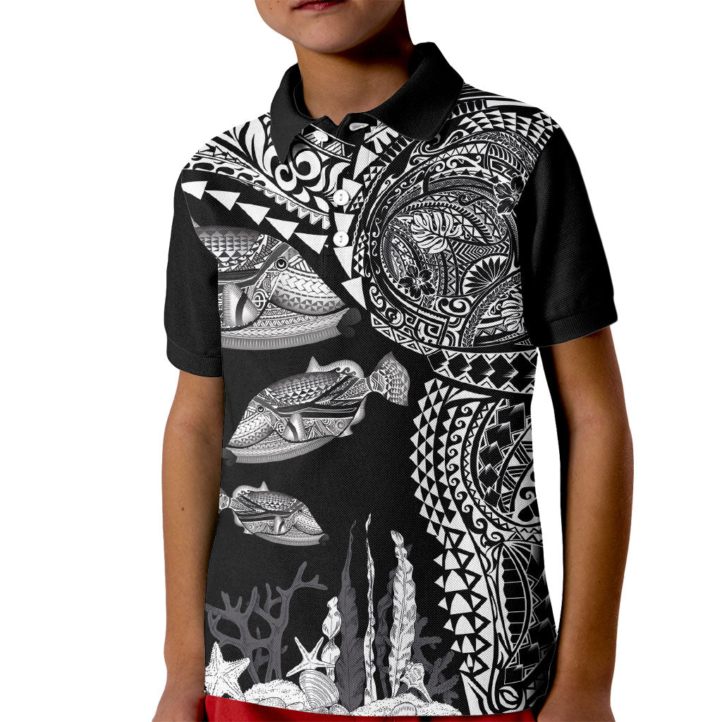 Hawaiian Reef Triggerfish Kid Polo Shirt Polynesian Art with Tribal Humuhumunukunukuapua'a LT03 Kid Black - Polynesian Pride