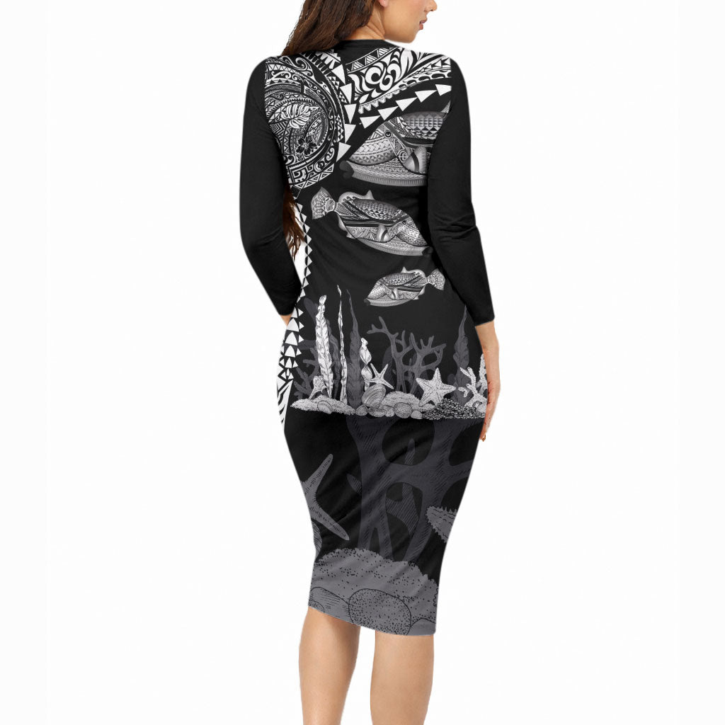 Hawaiian Reef Triggerfish Long Sleeve Bodycon Dress Polynesian Art with Tribal Humuhumunukunukuapua'a LT03 - Polynesian Pride