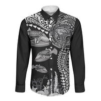 Hawaiian Reef Triggerfish Long Sleeve Button Shirt Polynesian Art with Tribal Humuhumunukunukuapua'a LT03 Unisex Black - Polynesian Pride