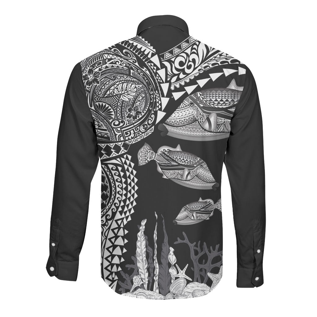 Hawaiian Reef Triggerfish Long Sleeve Button Shirt Polynesian Art with Tribal Humuhumunukunukuapua'a LT03 - Polynesian Pride