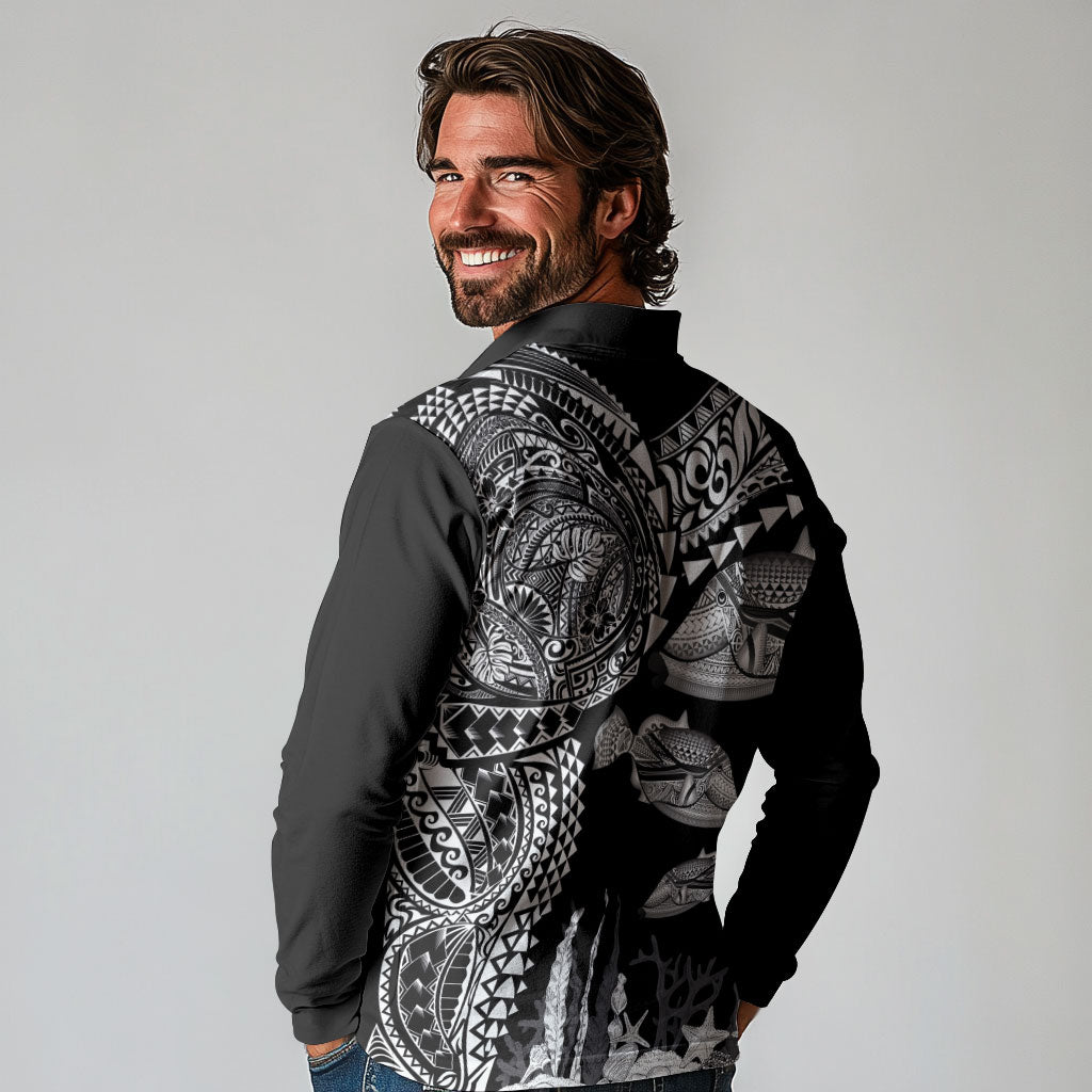 Hawaiian Reef Triggerfish Long Sleeve Polo Shirt Polynesian Art with Tribal Humuhumunukunukuapua'a LT03 - Polynesian Pride