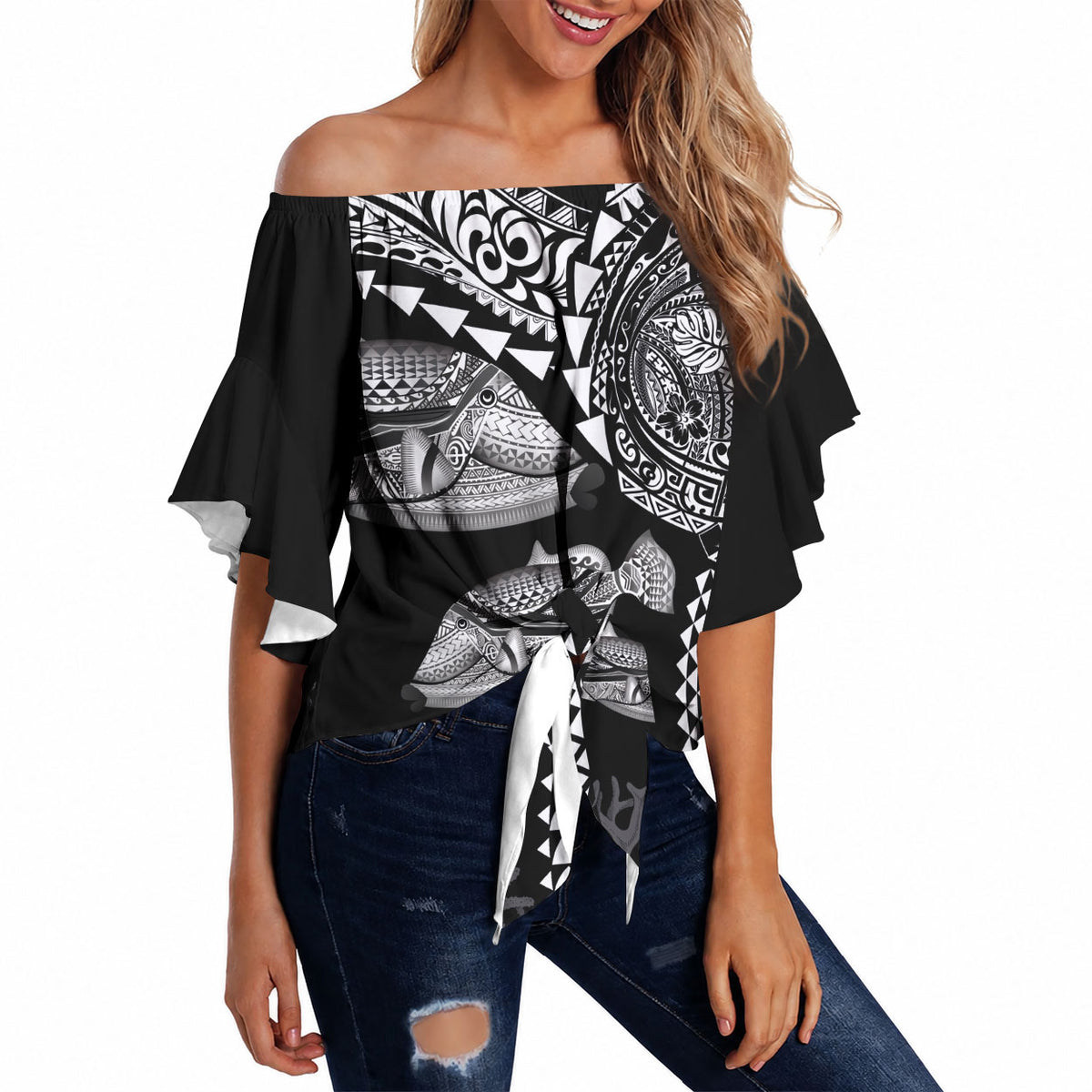 Hawaiian Reef Triggerfish Off Shoulder Wrap Waist Top Polynesian Art with Tribal Humuhumunukunukuapua'a LT03 Black - Polynesian Pride