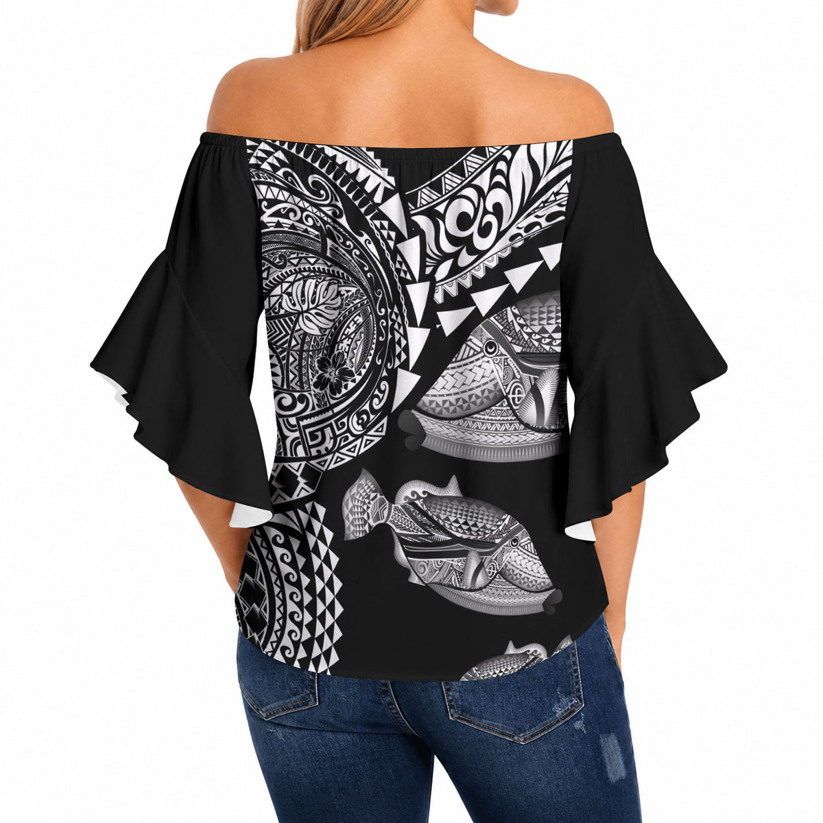 Hawaiian Reef Triggerfish Off Shoulder Wrap Waist Top Polynesian Art with Tribal Humuhumunukunukuapua'a LT03 - Polynesian Pride