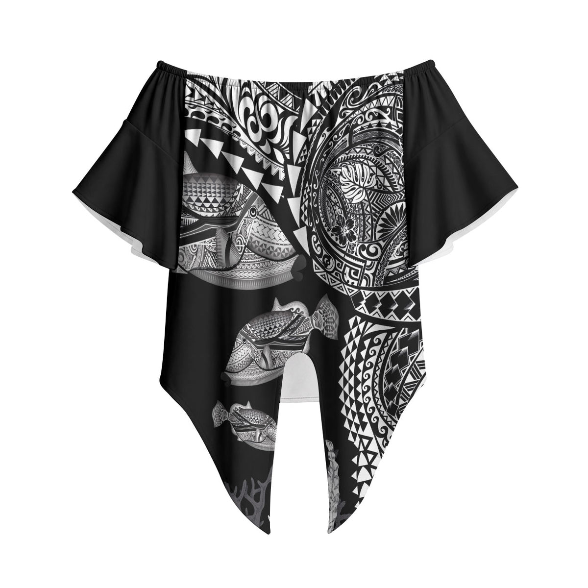 Hawaiian Reef Triggerfish Off Shoulder Wrap Waist Top Polynesian Art with Tribal Humuhumunukunukuapua'a LT03 - Polynesian Pride