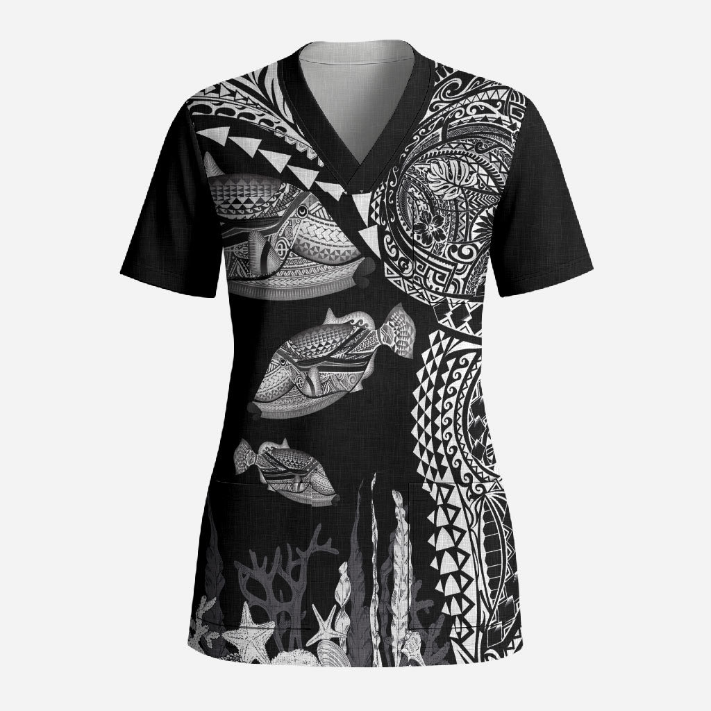 Hawaiian Reef Triggerfish Scrub Top Polynesian Art with Tribal Humuhumunukunukuapua'a LT03 Adult Black - Polynesian Pride