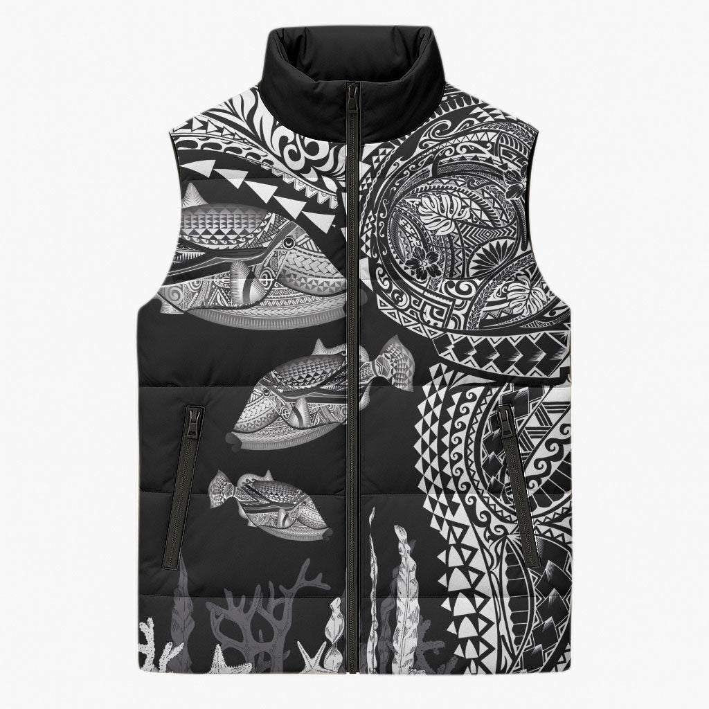 Hawaiian Reef Triggerfish Sleeveless Puffer Jacket Polynesian Art with Tribal Humuhumunukunukuapua'a LT03 Unisex Black - Polynesian Pride