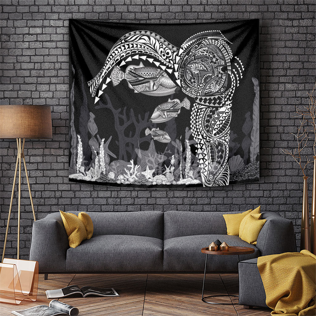 Hawaiian Reef Triggerfish Tapestry Polynesian Art with Tribal Humuhumunukunukuapua'a LT03 Black - Polynesian Pride