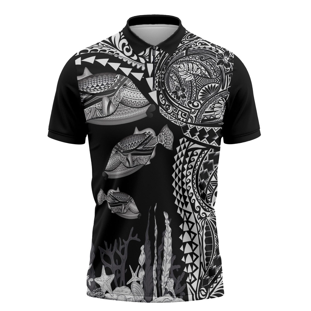 Hawaiian Reef Triggerfish Zipper Polo Shirt Polynesian Art with Tribal Humuhumunukunukuapua'a LT03 Black - Polynesian Pride