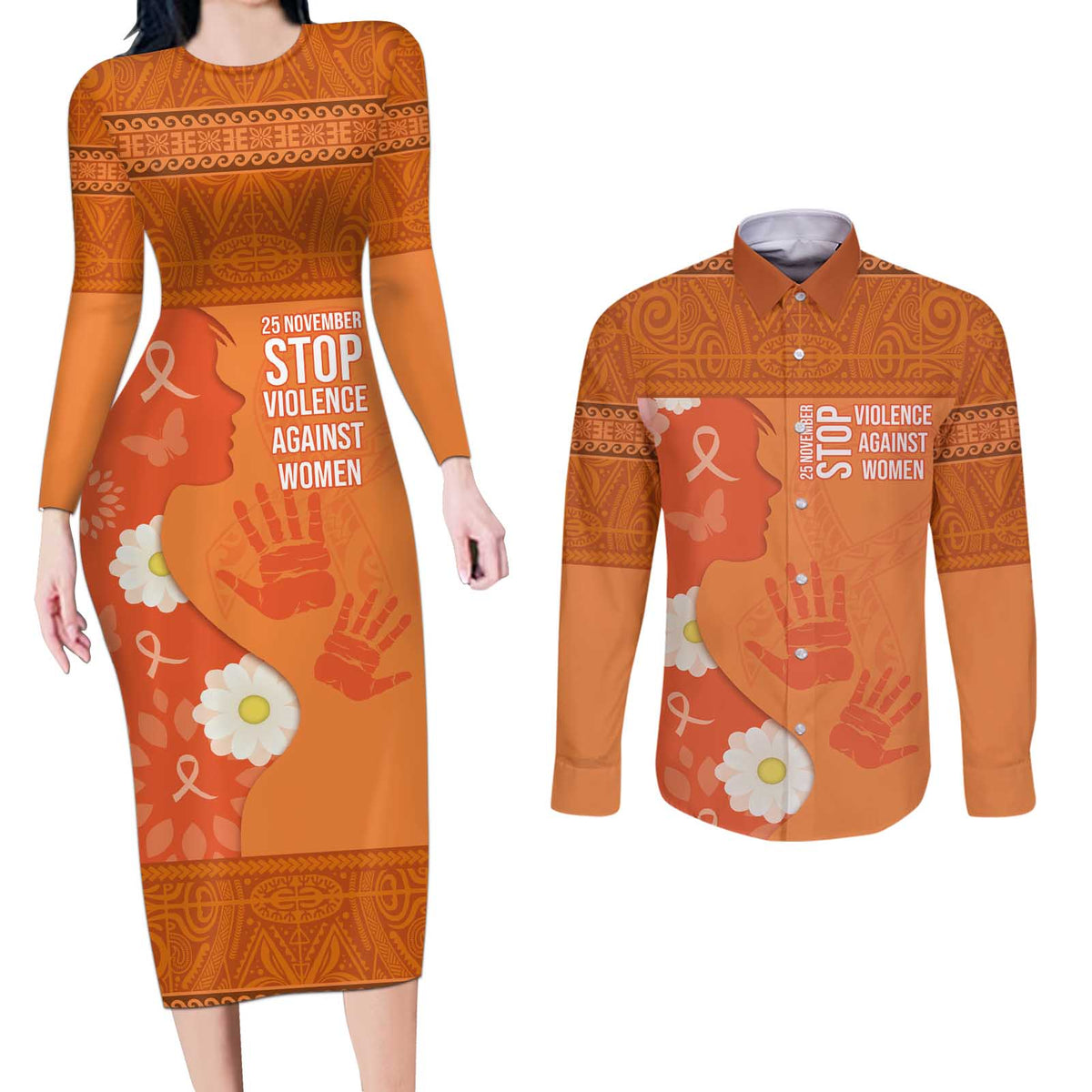 International Day for the Elimination of Violence Against Women Couples Matching Long Sleeve Bodycon Dress and Long Sleeve Button Shirt Polynesian Pattern LT03 Orange - Polynesian Pride