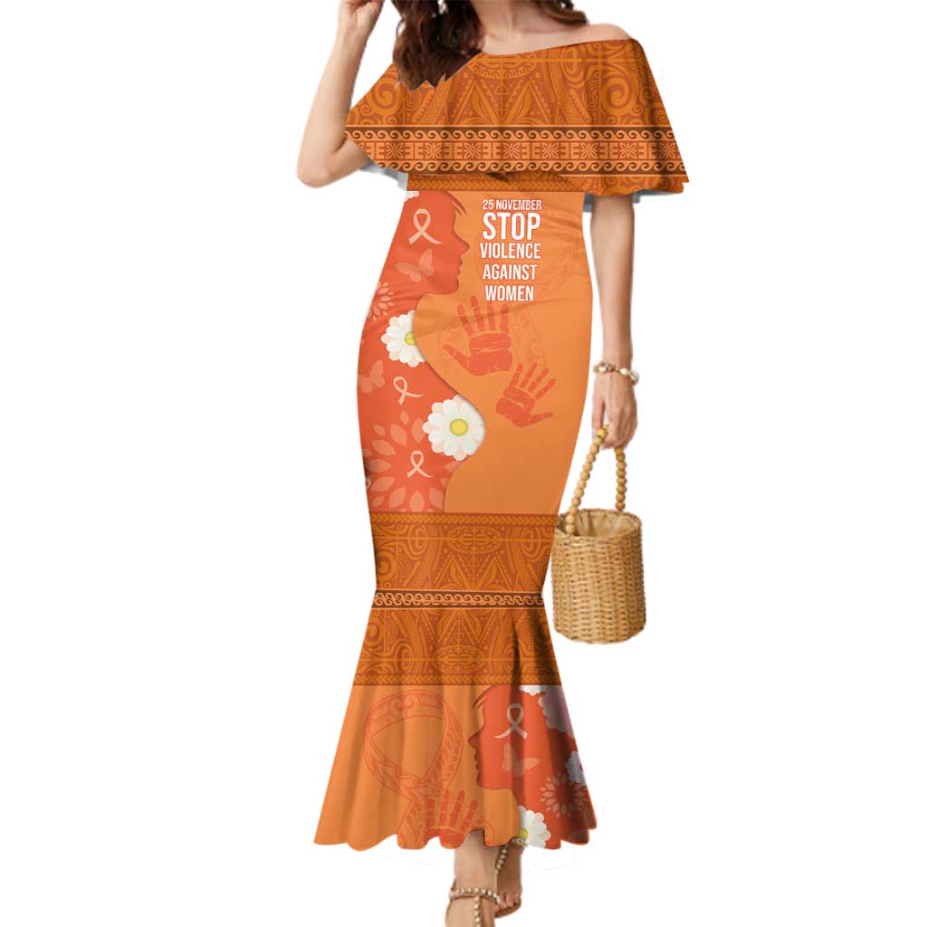 International Day for the Elimination of Violence Against Women Family Matching Mermaid Dress and Hawaiian Shirt Polynesian Pattern LT03 Mom's Dress Orange - Polynesian Pride