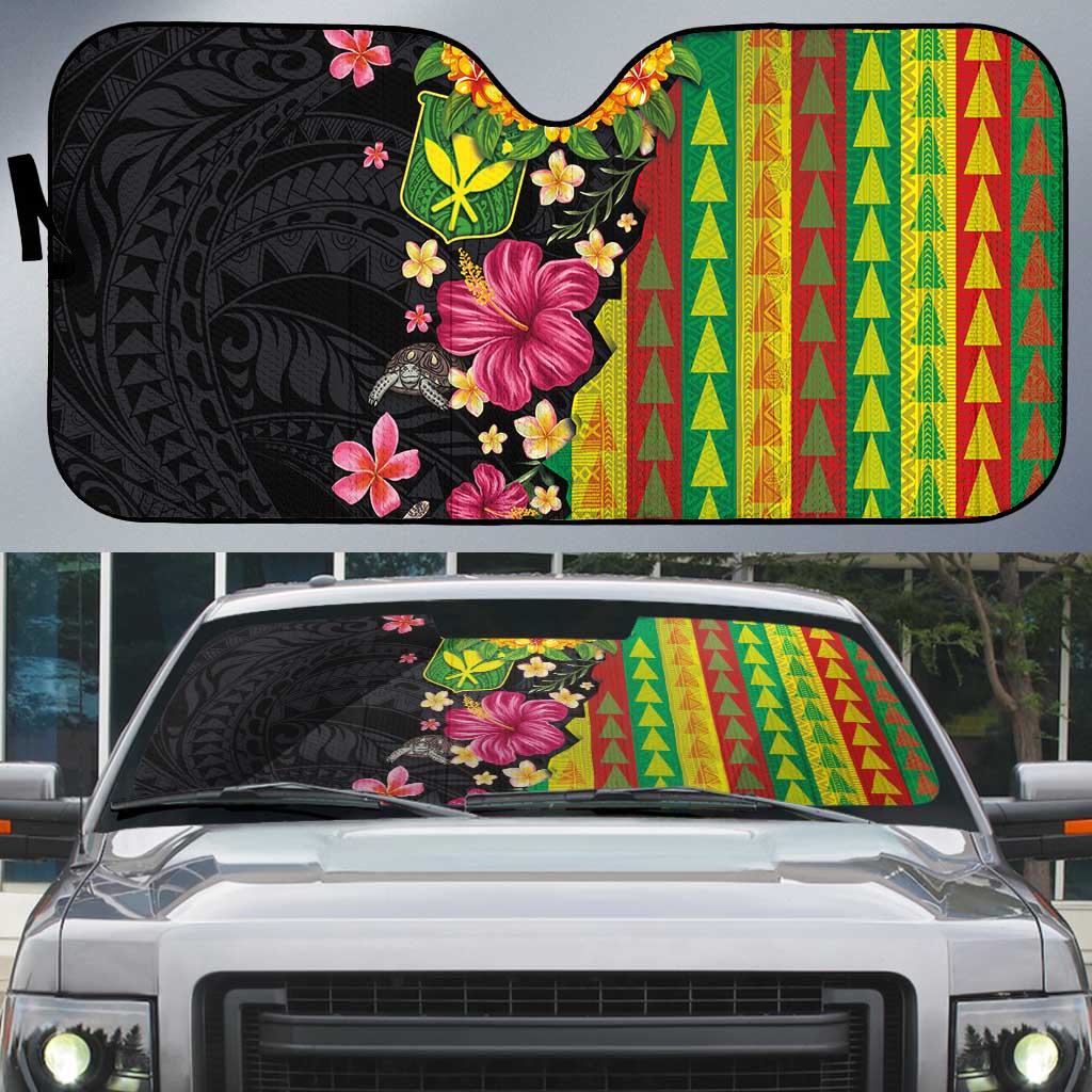 Hawaiian Independence Day Auto Sun Shade Kanaka Maoli Symbols With Tapa Motifs and Tropical Plants - Polynesian Pride