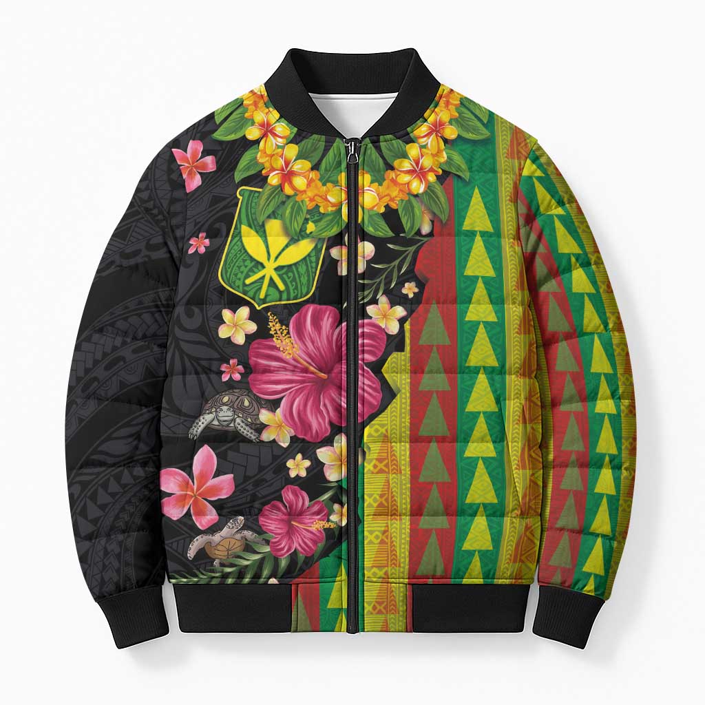 Hawaiian Independence Day Bomber Puffer Jacket Kanaka Maoli Symbols With Tapa Motifs and Tropical Plants - Polynesian Pride
