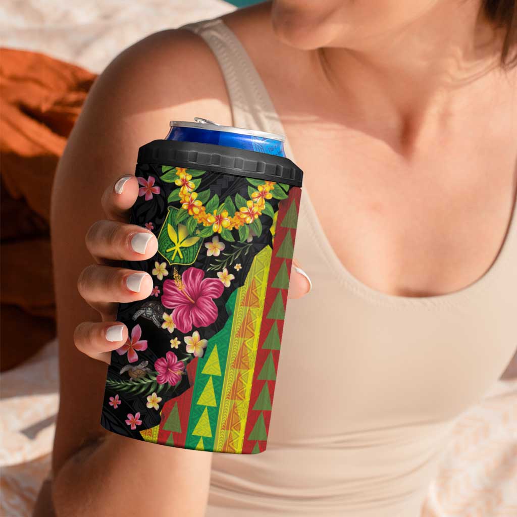 Hawaiian Independence Day 4 in 1 Can Cooler Tumbler Kanaka Maoli Symbols With Tapa Motifs and Tropical Plants - Polynesian Pride