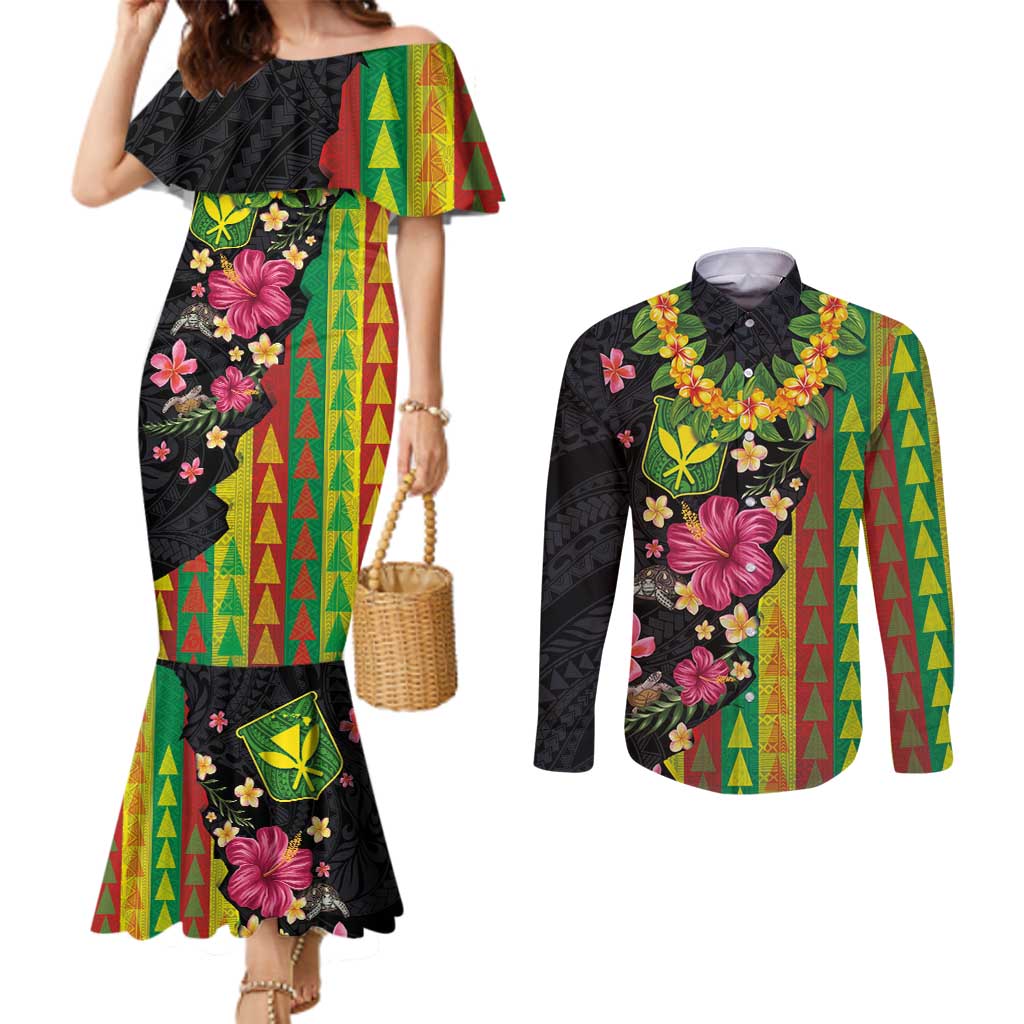 Hawaiian Independence Day Couples Matching Mermaid Dress and Long Sleeve Button Shirt Kanaka Maoli Symbols With Tapa Motifs and Tropical Plants - Polynesian Pride