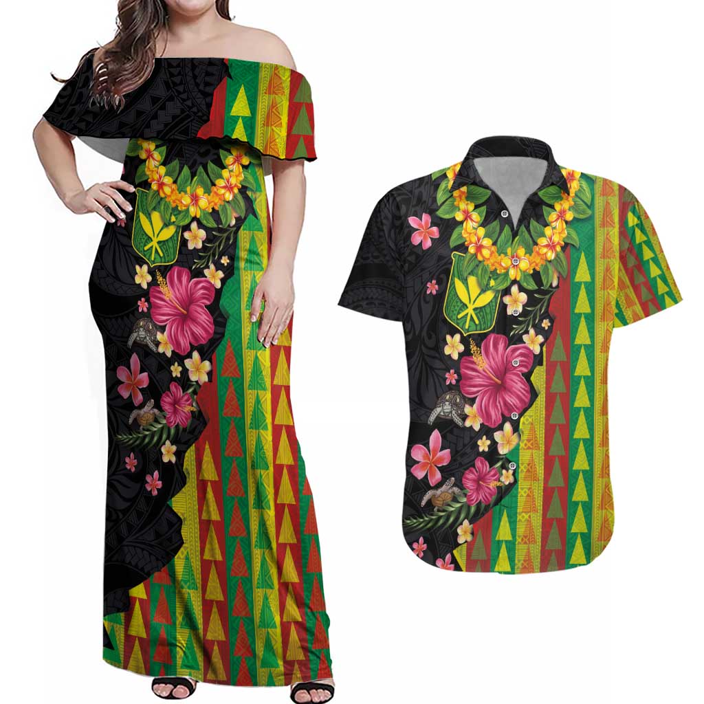 Hawaiian Independence Day Couples Matching Off Shoulder Maxi Dress and Hawaiian Shirt Kanaka Maoli Symbols With Tapa Motifs and Tropical Plants - Polynesian Pride