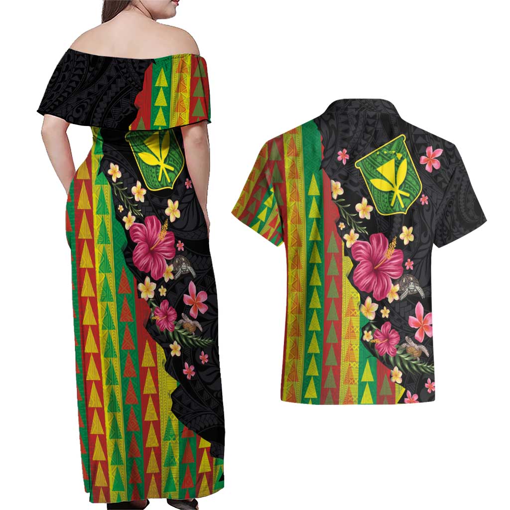 Hawaiian Independence Day Couples Matching Off Shoulder Maxi Dress and Hawaiian Shirt Kanaka Maoli Symbols With Tapa Motifs and Tropical Plants - Polynesian Pride