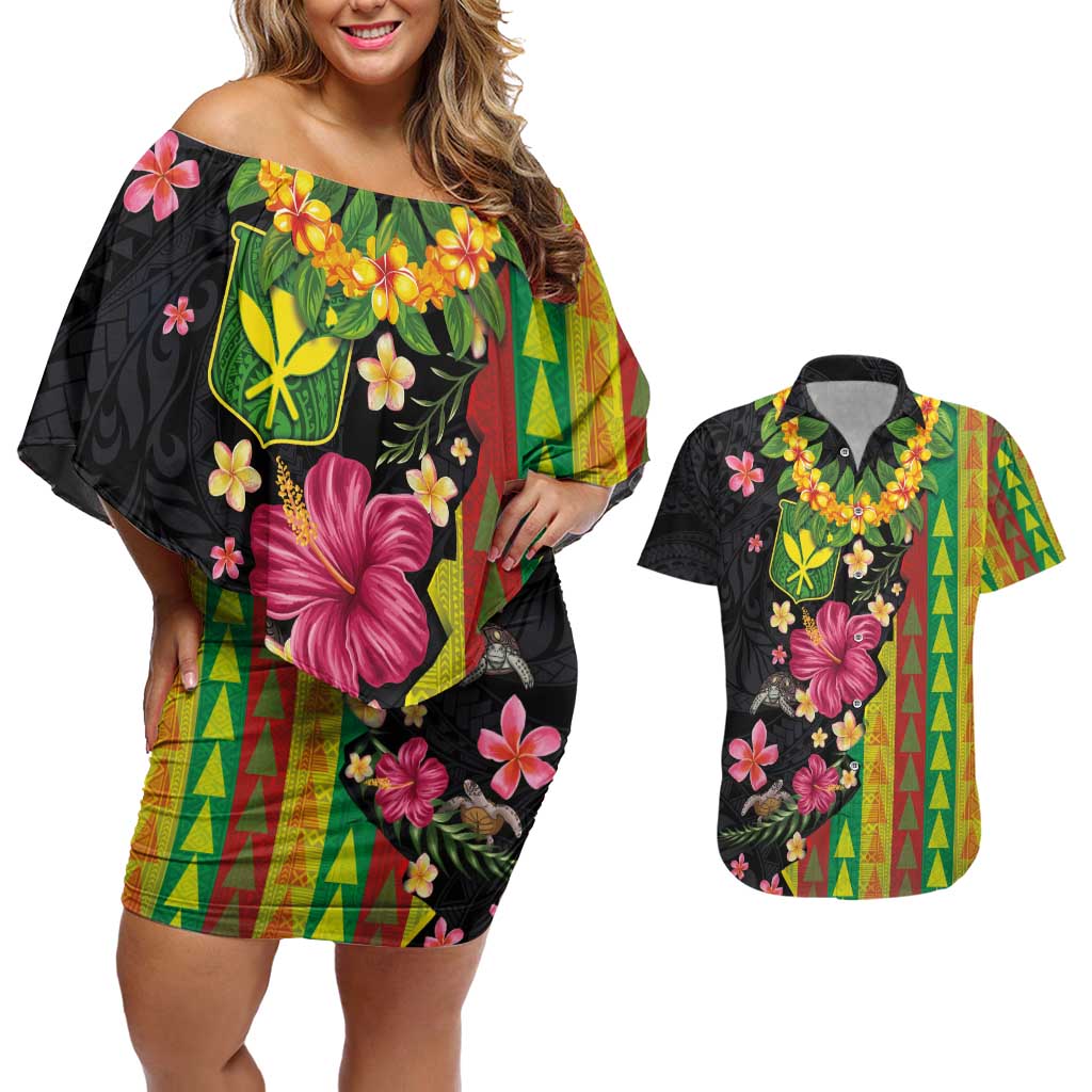 Hawaiian Independence Day Couples Matching Off Shoulder Short Dress and Hawaiian Shirt Kanaka Maoli Symbols With Tapa Motifs and Tropical Plants - Polynesian Pride