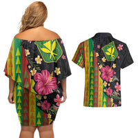 Hawaiian Independence Day Couples Matching Off Shoulder Short Dress and Hawaiian Shirt Kanaka Maoli Symbols With Tapa Motifs and Tropical Plants - Polynesian Pride